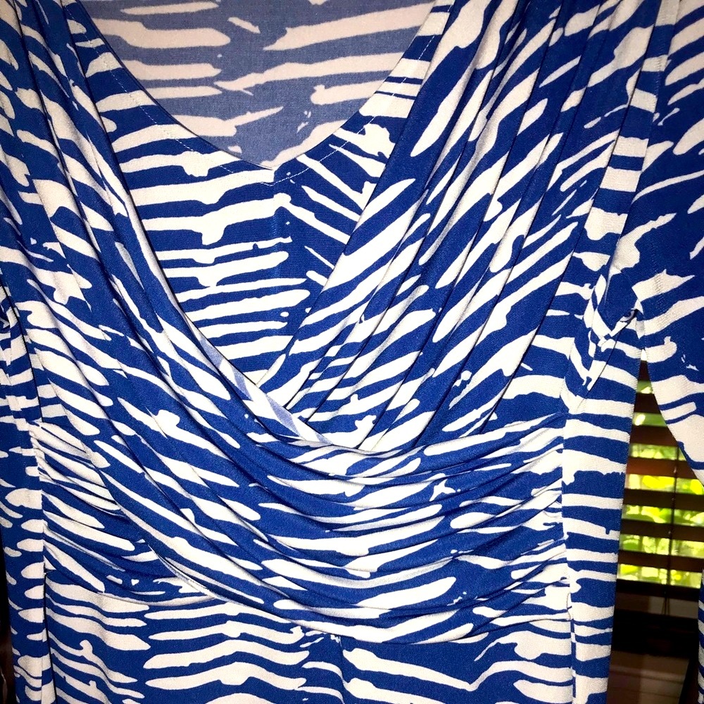Sz S Alex Marie Blue White Faux wrap with layers Zebra Print Dress